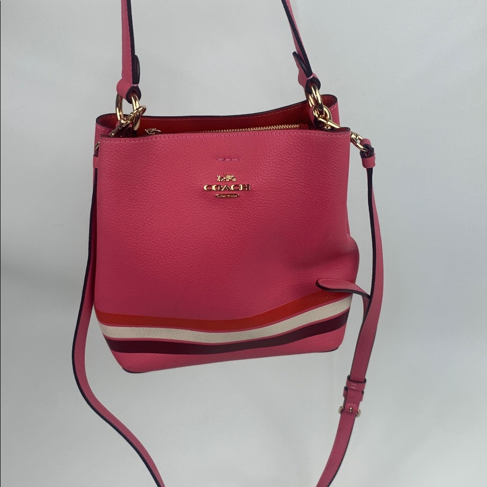 Coach Small Town Bucket Bag crossbody Pink White Red Striped Gold Zip pocket - Picture 15 of 16
